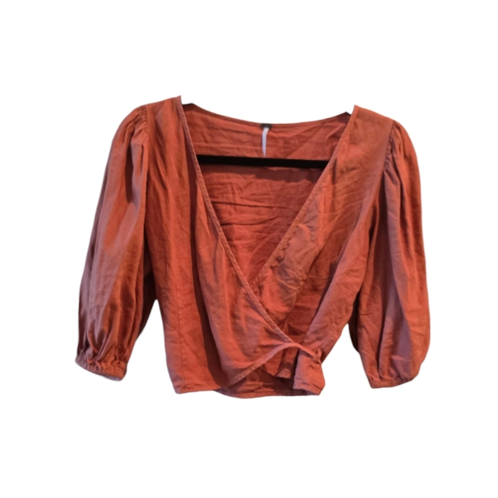 💜 YFB young fabulous & broke linen blend cropped wrap top Small Rust